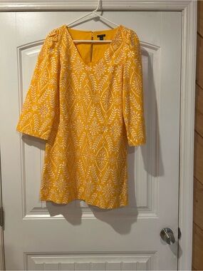 Ann Taylor Yellow/Orange Embroidered V-Neck Midi Dress